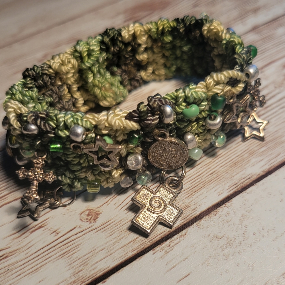 Saint Benedect Three-Toned Green Macrame Charm Bracelet